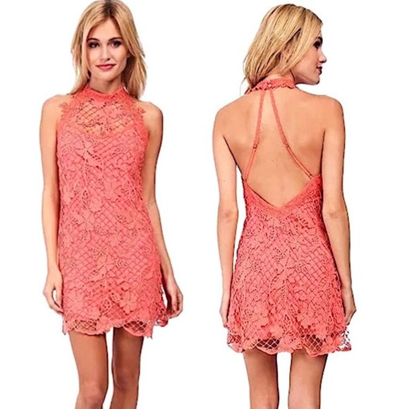 NEW Free People SnowDrop Trapeze Halter Mini Dress w/Crochet Lace SMALL - Picture 1 of 5